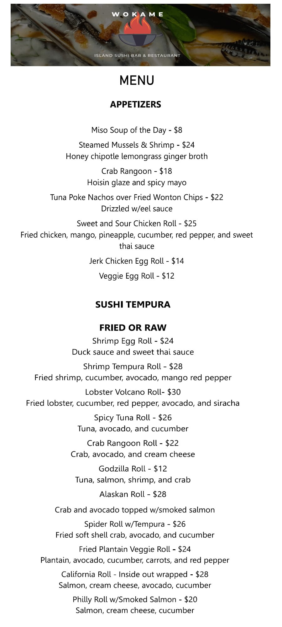 Menu at Wokame sushi restaurant in Christiansted St. Croix USVI 